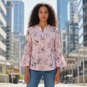 Jaclyn Smith Women’s Large Top Shirt Bell Sleeves white peach stripes floral